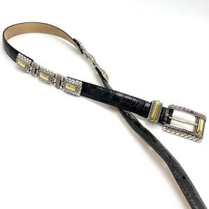 Vintage 90s Brighton Statement Concho Belt M 29-33 Black Croc Embossed Leather
